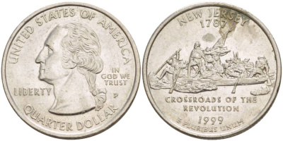 США 25 центов = квотер 1999 Р, серия штаты США, Нью-Джерси KM 295 медь плакированная медно-никелем 4544-252