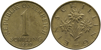 АВСТРИЯ 1 ШИЛЛИНГ 1990 KM 2886 алюминиевая бронза 33-436