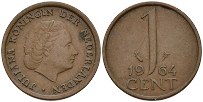 Нидерланды 1 цент 1964 Юлиана (1949-1980) KM 180 бронза    4598-235