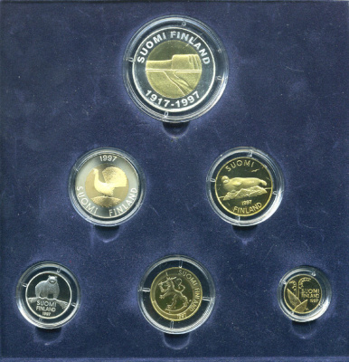 Финляндия набор из 6 монет 1997 официальный набор, с сертификатом, включая 25 марок PROOF 5-6-2-8