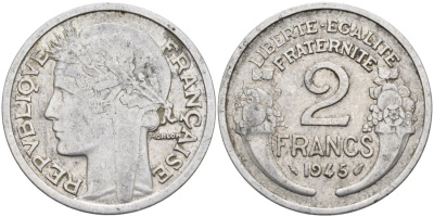 ФРАНЦИЯ 2 ФРАНКА 1945 ТИП MORLON KM 886a.1, LE FRANC 269.5 алюминий 4573-1014
