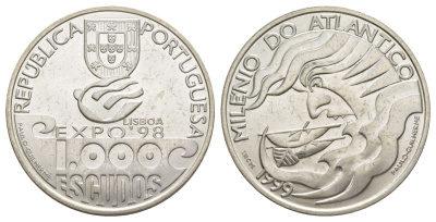 Португалия 1000 эскудо 1999 1000 лет Атлантике под парусом KM 721 серебро BU 1088-2-13