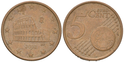 Италия 5 евроцентов 2002 R KM 212 сталь плакированная медью 4529-923