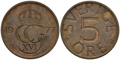Швеция 5 эре 1977 U, Карл XVI Густав (1973- ) KM 849 бронза 4154-947