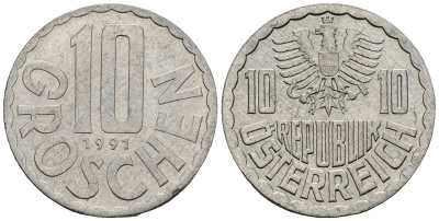 Австрия 10 грошей 1991 KM 2878 алюминий 4138-431