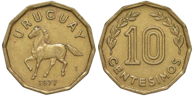 Уругвай 10 сентесимо 1977 KM 66 алюминиевая бронза 4164-754