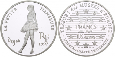 Франция 10 франков = 1 1/2 евро 1997 серия сокровища музеев Европы, танцовщица, Дега серебро PROOF 1068-4-62