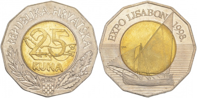 Хорватия 25 кун 1998 выставка в Лиссабоне, ЭКСПО 1998, парусник KM 63 биметалл UNC M42-20