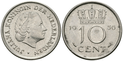 НИДЕРЛАНДЫ 10 ЦЕНТОВ 1956 ЮЛИАНА KM 182 никель 96-434