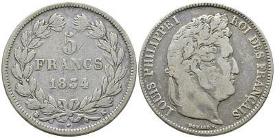 Франция 5 франков 1834 K, Луи Филипп I (1830-1848) KM 749.7 серебро 1066-6-24