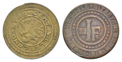 Бельгия, Гент 1 франк 1915 KM Tn2 железо плакированная латунью 1528-1225