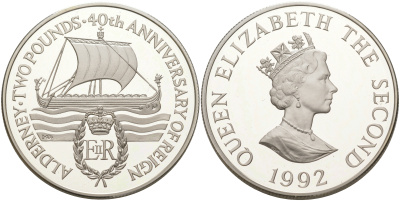 ОЛДЕРНИ 2 ФУНТА 1992 40 ЛЕТ ПРАВЛЕНИЯ ЕЛИЗАВЕТЫ II, КОРАБЛЬ ПОД ПАРУСОМ KM 3а серебро PROOF 1074-4-12