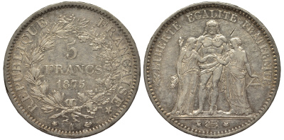 Франция 5 франков 1875 А, Геракл с богинями равенства и братства KM 820.1 серебро 413-3344