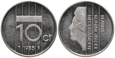 НИДЕРЛАНДЫ 10 ЦЕНТОВ 1985 БЕАТРИКС KM 203 никель 112-742