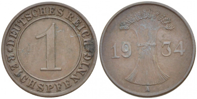 ГЕРМАНИЯ 1 РЕЙХСПФЕННИГ 1934 A KM 37, J 313 бронза 4532-529