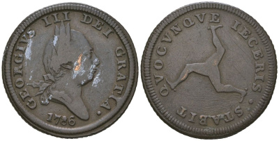 Остров Мэн 1/2 пенни 1786 Георг III KM 8 медь 441-1044