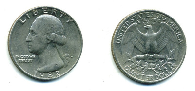 США 25 центов = квотер 1982 P, Вашингтон KM А164а медь плакированная медно-никелем 59-1943