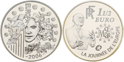 Франция 1 1/2 евро 2006 Декларация Шумана, день Европы 9 мая 1950 года, в оригинальной коробке, с сертификатом KM 2037 серебро PROOF 5-6-4-18
