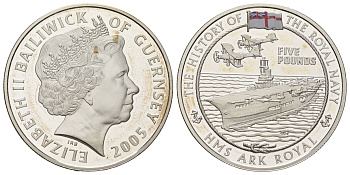Гернси 5 фунтов 2005 HMS Ark Royal - авианосец времён Второй мировой войны KM 187a серебро PROOF 11-084-34