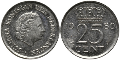 НИДЕРЛАНДЫ 25 ЦЕНТОВ 1980 ЮЛИАНА KM 183 никель 86-815