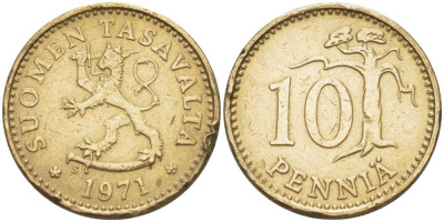 ФИНЛЯНДИЯ 10 ПЕННИ 1971 S KM 46 алюминиевая бронза 214-566