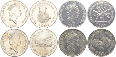 Новая Зеландия полный набор из 4 монет (1 доллар) 1989 XIV Игры Содружества 1990 - Бегун, Гимнаст, Пловец, Штангист KM 67, 68, 69 и 70 серебро UNC 11-146-33-34-43-44