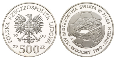Польша 500 злотых 1988 Чемпионат мира по футболу 1990 Y 184 серебро PROOF 11-159-24