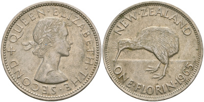 Новая Зеландия 1 флорин 1965 Елизавета II (1952-2022), птичка киви KM 28.2 медно-никель 4364-3523