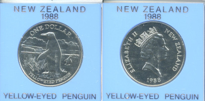 Новая Зеландия 1 доллар 1988 желтоглазый пингвин, Елизавета II (1952-2022), в оригинальной пластиковой упаковке KM 66 медно-никель UNC 00-00