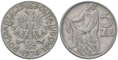 Польша 5 злотых 1974 MW Y 47 алюминий 4574-443