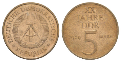 ГДР 5 марок 1969 20 лет образования ГДР KM 22 никель латунь 4385-321