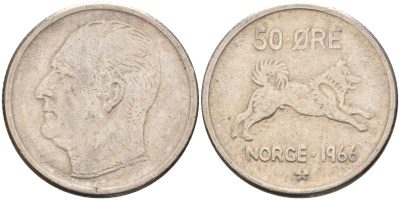 Норвегия 50 эре 1966 Улаф V (1957-1991), собака KM 408 медно-никель 4582-714