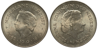 Нидерланды 10 гульденов 1970 25 лет освобождения от фашизма (1945-1970), Юлиана KM 195 серебро UNC 413-3915