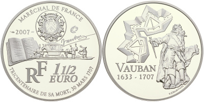 Франция 1 1/2 евро 2007 300 лет со дня смерти военного инженера Себастьена де Вобана KM 1462 серебро PROOF 01-165-14