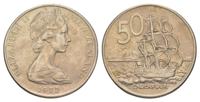 Новая Зеландия 50 центов 1972 Елизавета II (1952-2022), парусник Индевор KM 37 медно-никель 84-1242