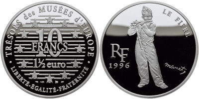 Франция 10 франков = 1 1/2 евро 1996 серия сокровища музеев Европы, игрок на флейте Эдуарда Мане KM 1122 серебро PROOF 1076-9-63