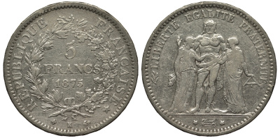 Франция 5 франков 1875 K, Геракл с богинями равенства и братства LE FRANC 334.16, KM 820.2 серебро 1524-1133