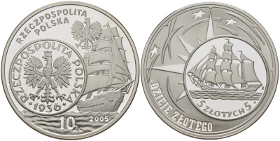 Польша 10 злотых 2005 MW, происхождение злотого, 5 злотых 1936, парусник, порт Гданьска KM 568 серебро PROOF 1074-8-62
