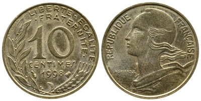 ФРАНЦИЯ 10 САНТИМОВ 1998 KM 929 медь алюминий никель 4110-1743