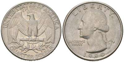 США 25 центов = квотер = 1/4 доллара 1990 P, Джордж Вашингтон KM 164a медь плакированная медно-никелем 216-722