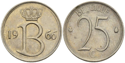 Бельгия 25 сантимов 1966 Belgique, Бодуэн I (1951-1993) KM 153.1 медно-никель 4528-1019