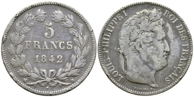 Франция 5 франков 1842 B, Луи Филипп I (1830-1848) KM 749.2 серебро 1066-7-55