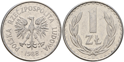 Польша 1 злотый 1988 MW KM 49.2 алюминий    4161-1036