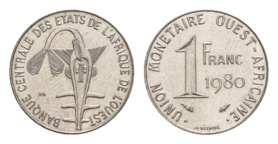 Западная Африка (BCEAO) 1 франк 1980 Центральный банк государств Западной Африки KM 8 нержавеющая слава UNC 4643-734