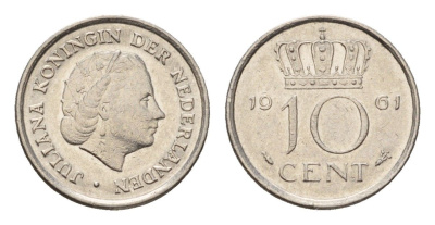 Нидерланды 10 центов 1961 Юлиана (1948-1980) KM 182 никель 4627-814