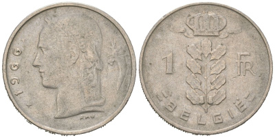 Бельгия 1 франк 1966 Belgie, Бодуэн I (1951-1993) KM 143 медно-никель 4618-226