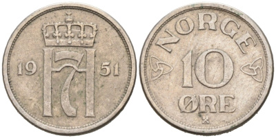 Норвегия 10 эре 1951 Хокон VII (1905-1957) KM 396 медно-никель 4564-822