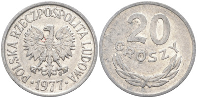 Польша 20 грошей 1977 MW KM A47 алюминий 3336-913