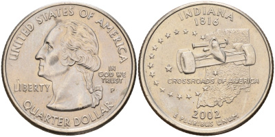 США 25 центов = квотер 2002 Р, серия штаты США, Индиана KM 334 медь плакированная медно-никелем 4143-1155