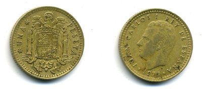 ИСПАНИЯ 1 ПЕСЕТА 1975 (77) ХУАН КАРЛОС I (1975-) КМ 806 алюминиевая бронза 4364-654